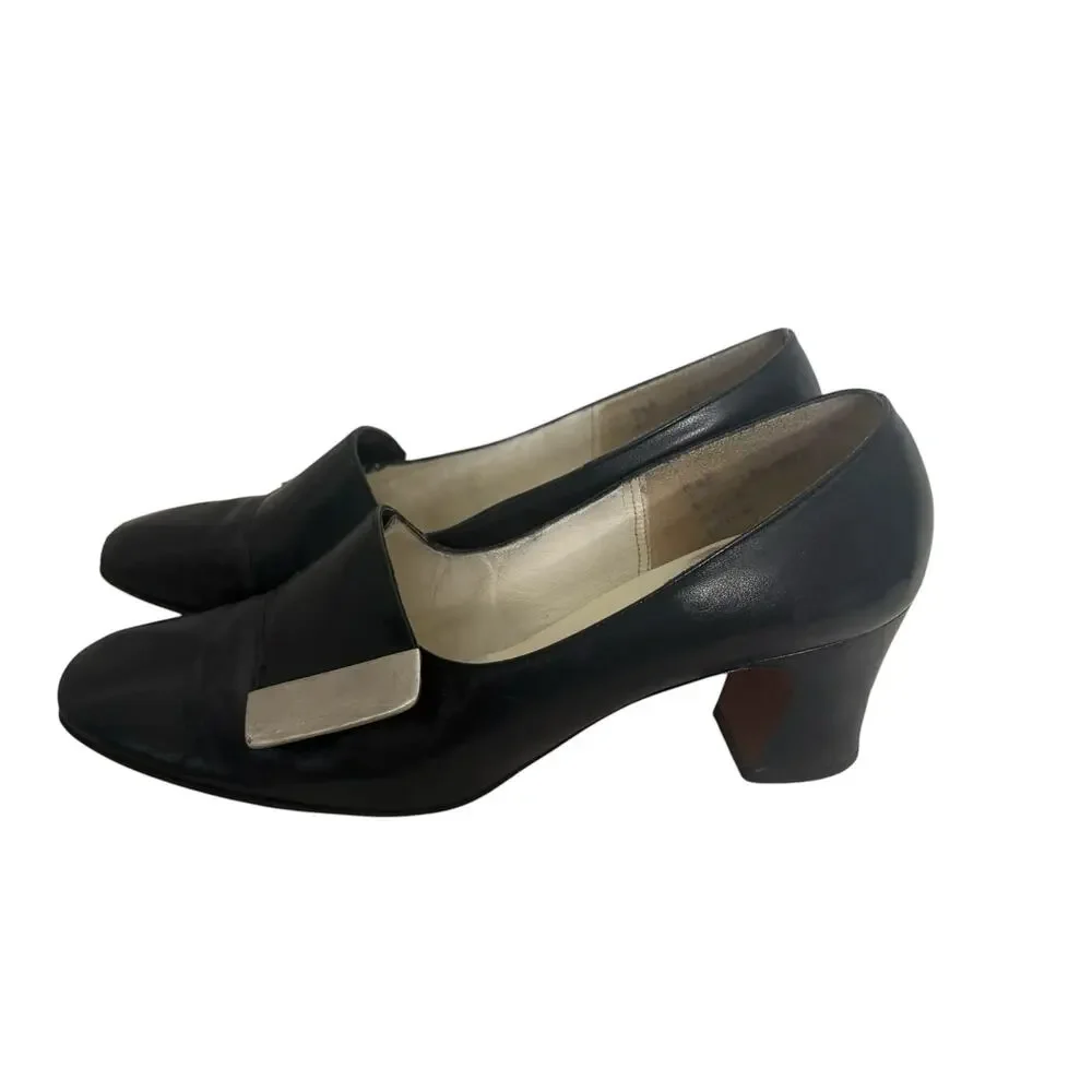 Vintage 1960s Berger Phillips Navy Leather Mod Pumps Size 7.5 M